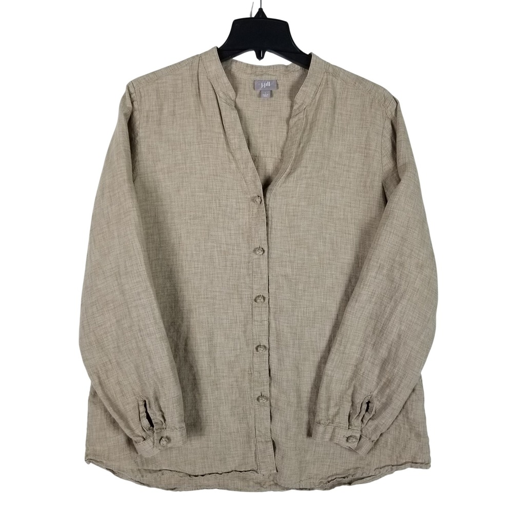 J. Jill Linen Button Down Shirt Women Large Khaki Mandarin Collar Long Sleeve